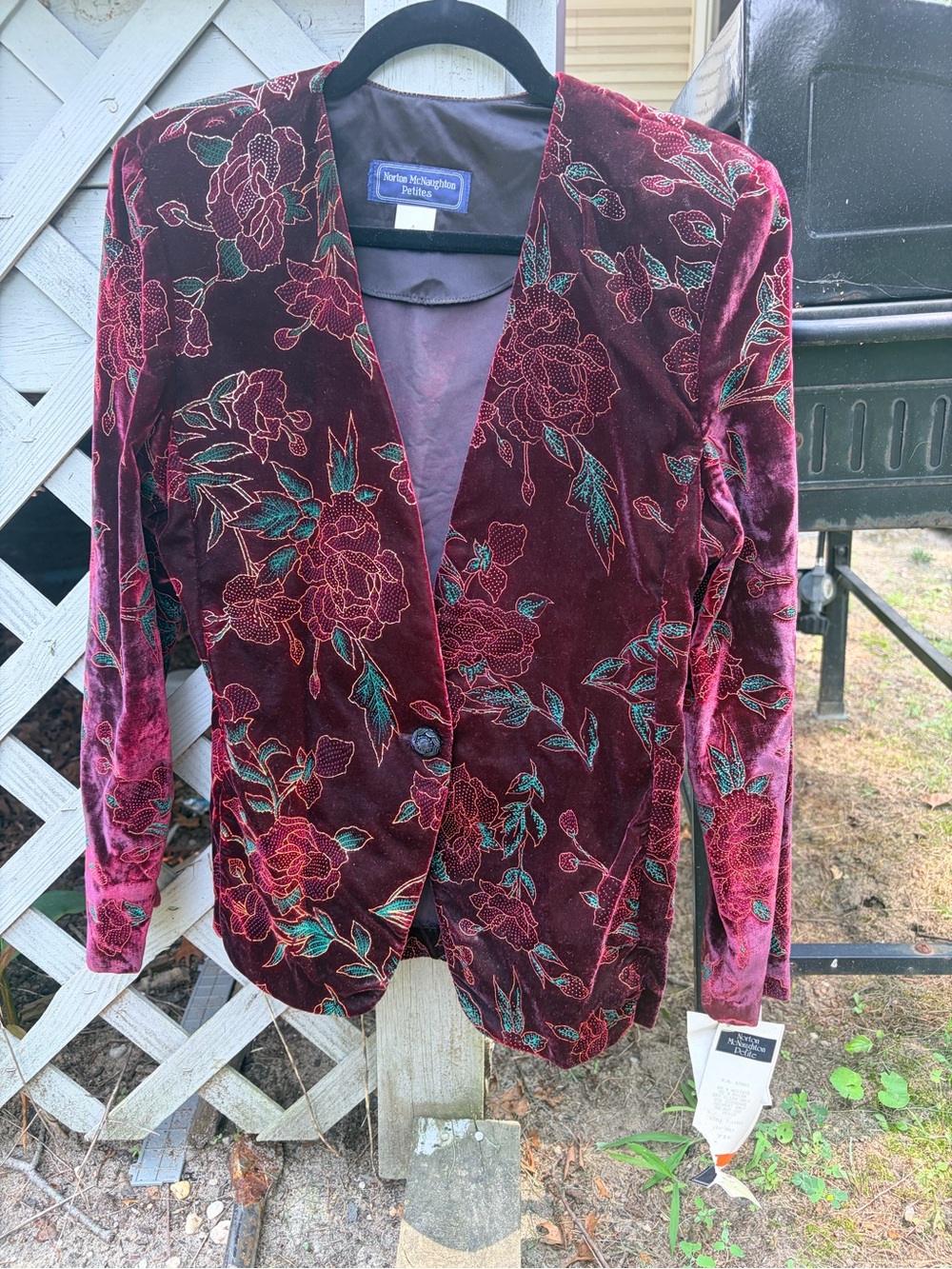 NWT VINTAGE Norton McNaughton Velvet Floral Blazer Burgundy/Green/Embroidering